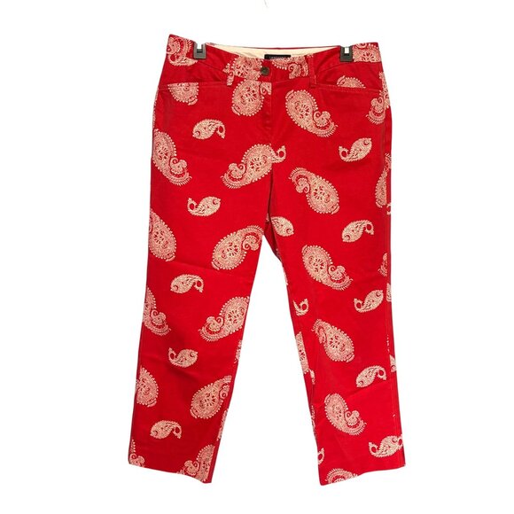 Lands End Women's 8P Red Paisley Mid Rise Straight Leg Pants Cotton Spandex - Picture 1 of 9